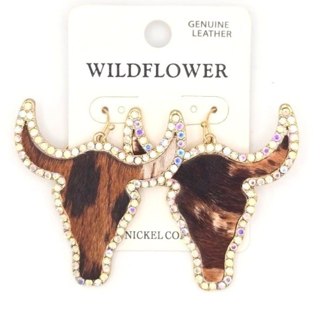 Wildflower Genuine Leather Cow Skull Earrings Rhinestone Western Boho
